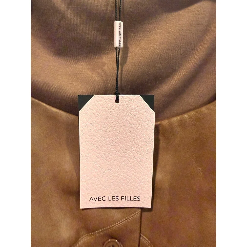 Avec Les Filles Brown Faux Leather Square Neck Button Front Cropped Vest Size XS
